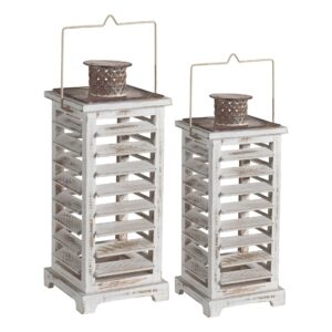 Wood and Metal Lanterns with Louvered Design, White, Set of 2 - BM200913