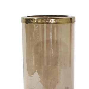 Alternative view of 11 Inch Glass Hurricane Candle Holder, Acacia Wood, Small, Gold FInish - BM284962