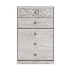 Alternative view of 46 Inch 5 Drawer Modern Tall Dresser Chest, Whitewashed Carved Design Wood - BM296907