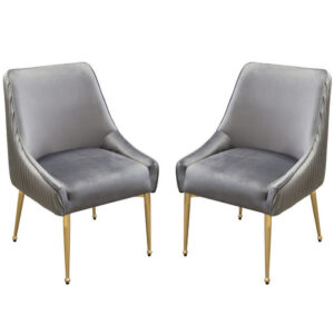 24 Inch Pleated Dining Side Chair, Set of 2, Smooth Gray Velvet Upholstery - BM303177