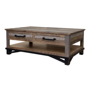 Alternative view of Peya 50 Inch 4 Drawer Coffee Table, Shelf, Distressed Gray, Brown Pine Wood - BM305687