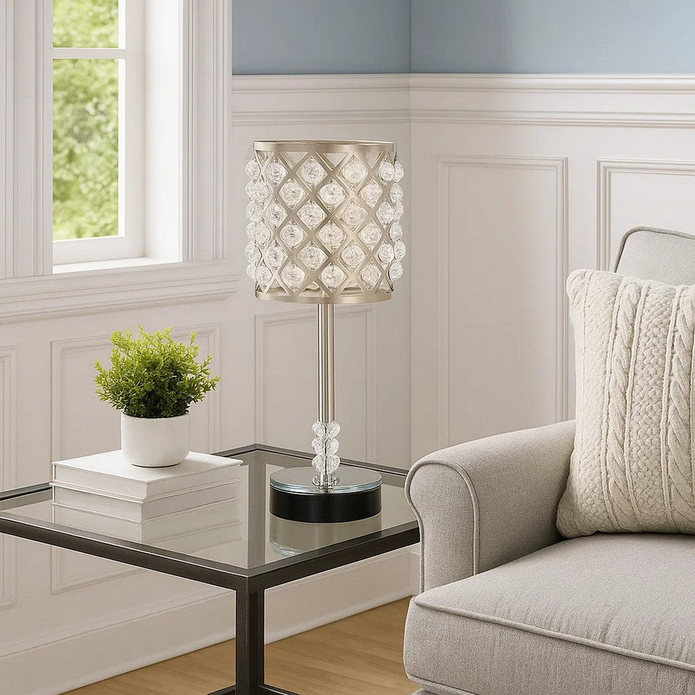 Dany 24 Inch Table Lamp with Crystal Drum Shade, Metal, Brushed Nickel - BM308917 - Image 3