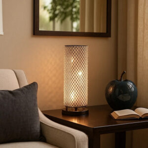 16 Inch Table Lamp, Crystal Cylinder Shade, Metal Mesh, Antique Bronze - BM308934