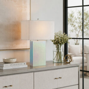26 Inch Table Lamp, Rectangular Stand, Set of 2, Glass, Multitone White - BM308950