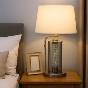 29 Inch Table Lamp with LED Night Light Stand, Glass, Antique Brass - BM308959