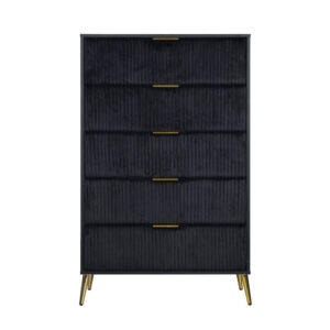 Moko 51 Inch Tall Dresser, 5 Soft Upholstered Drawers, Black, Gold - BM309529