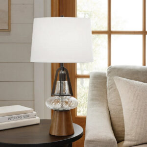 Leya 30 Inch Table Lamp, Lantern Style Glass Base, White Fabric Shade -BM323959