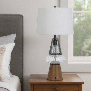 Alternative view of Leya 30 Inch Table Lamp, Lantern Style Glass Base, White Fabric Shade -BM323959