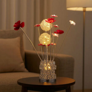 Accent Table Lamp, LED, Red Roses, Crystal Square Vase, Chrome 21 Inch -BM324415