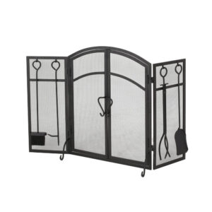 Tri Fold Fireplace Screen with 4 pcs Tool Set, Fine Mesh, Black Doors -BM325004