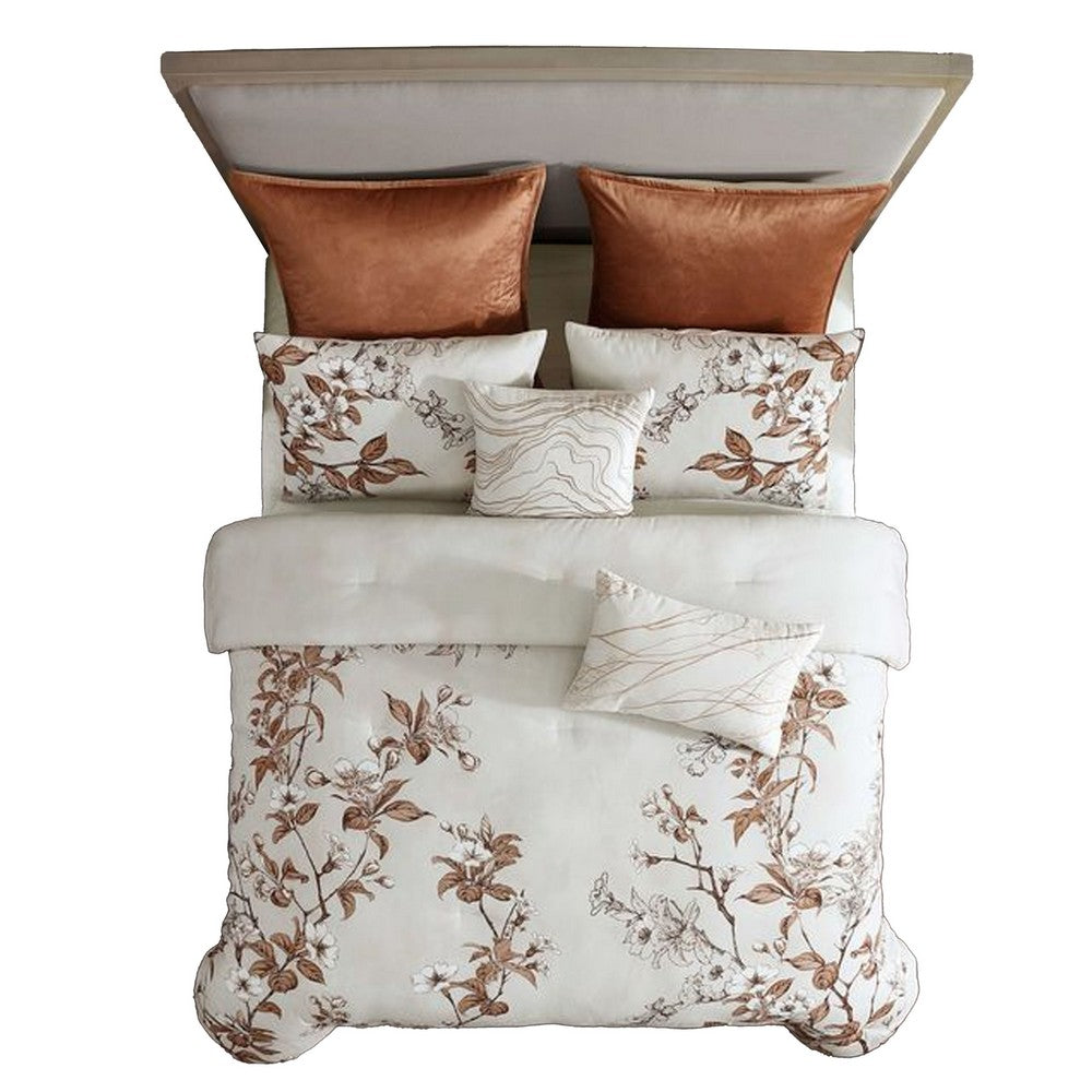 Jenya 5pc King Size Comforter Set, Spice Orange Floral Print, White -BM326688 - Image 3