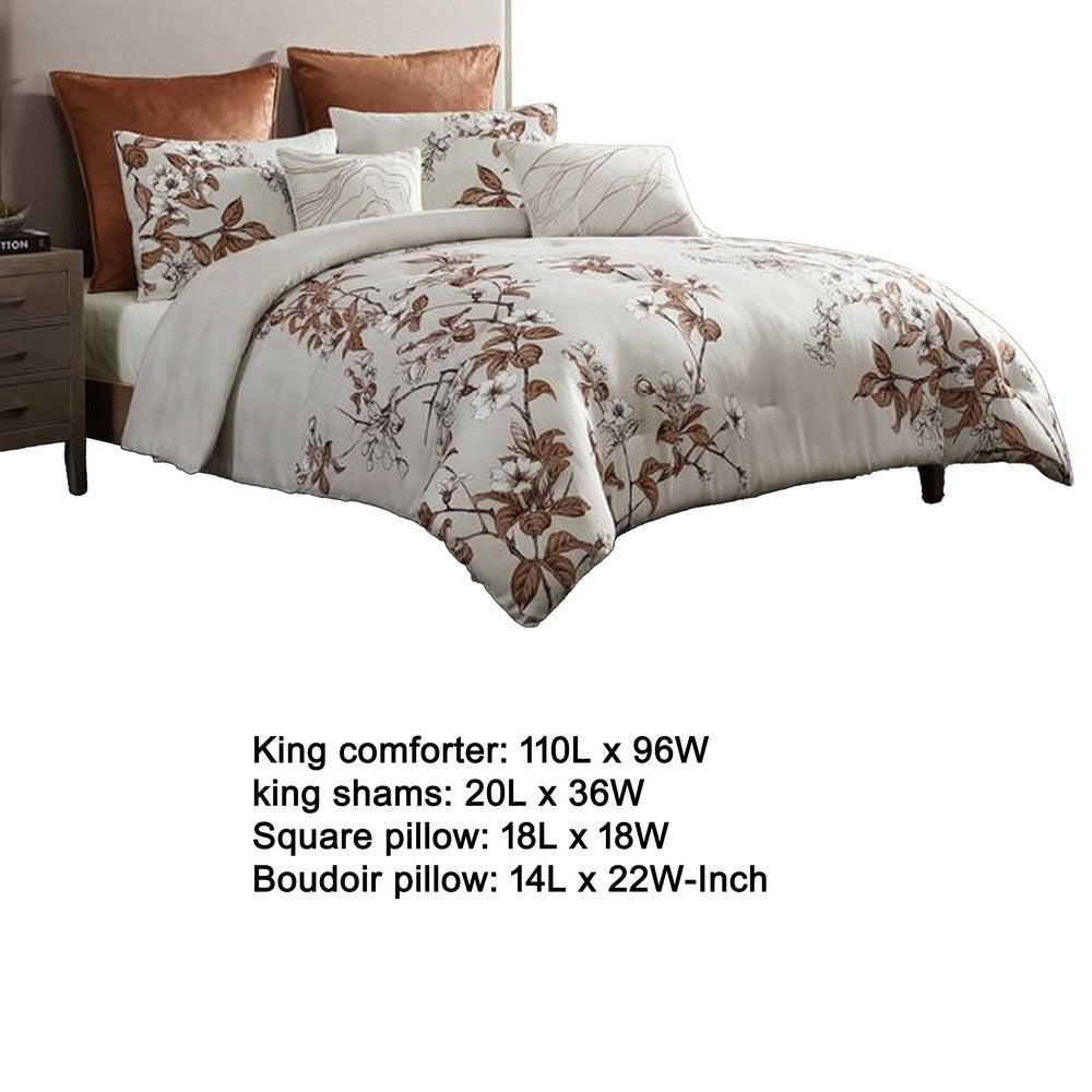 Jenya 5pc King Size Comforter Set, Spice Orange Floral Print, White -BM326688 - Image 5