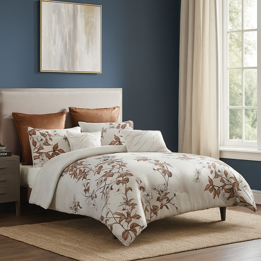 Jenya 5pc King Size Comforter Set, Spice Orange Floral Print, White -BM326688 - Image 6
