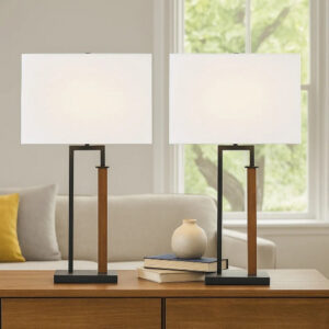 Table Lamp Set of 2, Curved Wired Bronze Base, White Fabric Shade -BM327802