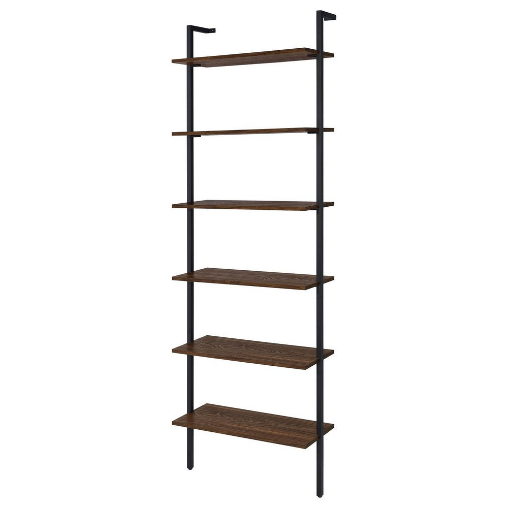 Wens Wall Mounted Bookcase Unit, 6 Open Shelves, Black Metal, Brown -BM329109 - Image 4