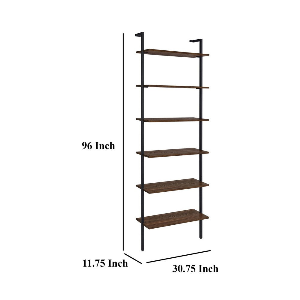 Wens Wall Mounted Bookcase Unit, 6 Open Shelves, Black Metal, Brown -BM329109 - Image 6