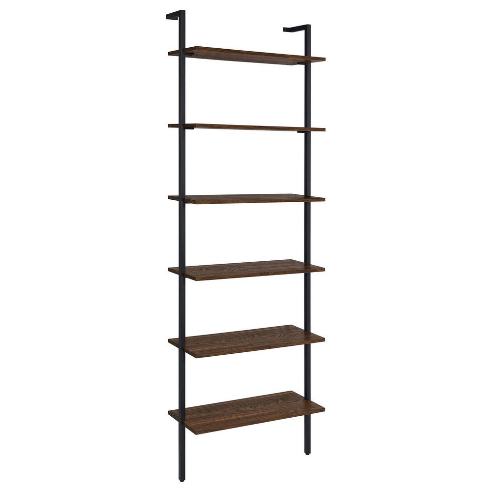 Wens Wall Mounted Bookcase Unit, 6 Open Shelves, Black Metal, Brown -BM329109 - Image 2