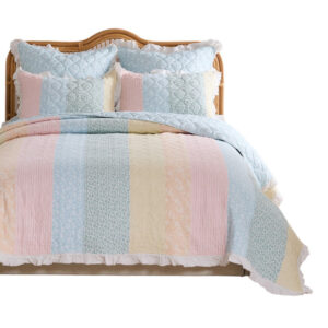 Tisy 2pc Twin Size Quilt Set, Cotton, Polyester, Pastel Color Stripes -BM333421