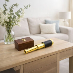 Alternative view of Small Brass Telescope with Pullout Wooden Box, Gold and Brown - BM34758