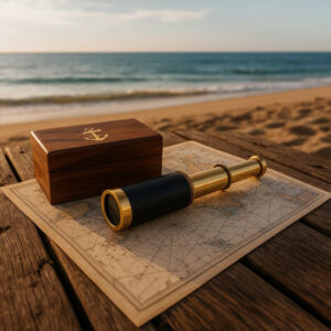 Small Brass Telescope with Pullout Wooden Box, Gold and Brown - BM34758