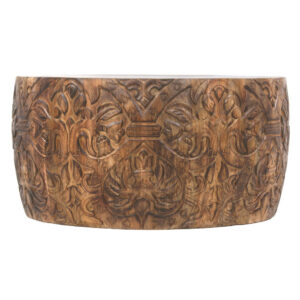 Alternative view of 33 Inch Round Coffee Table with Damask Carved Pattern and Wooden Frame, Walnut Brown - UPT-270560