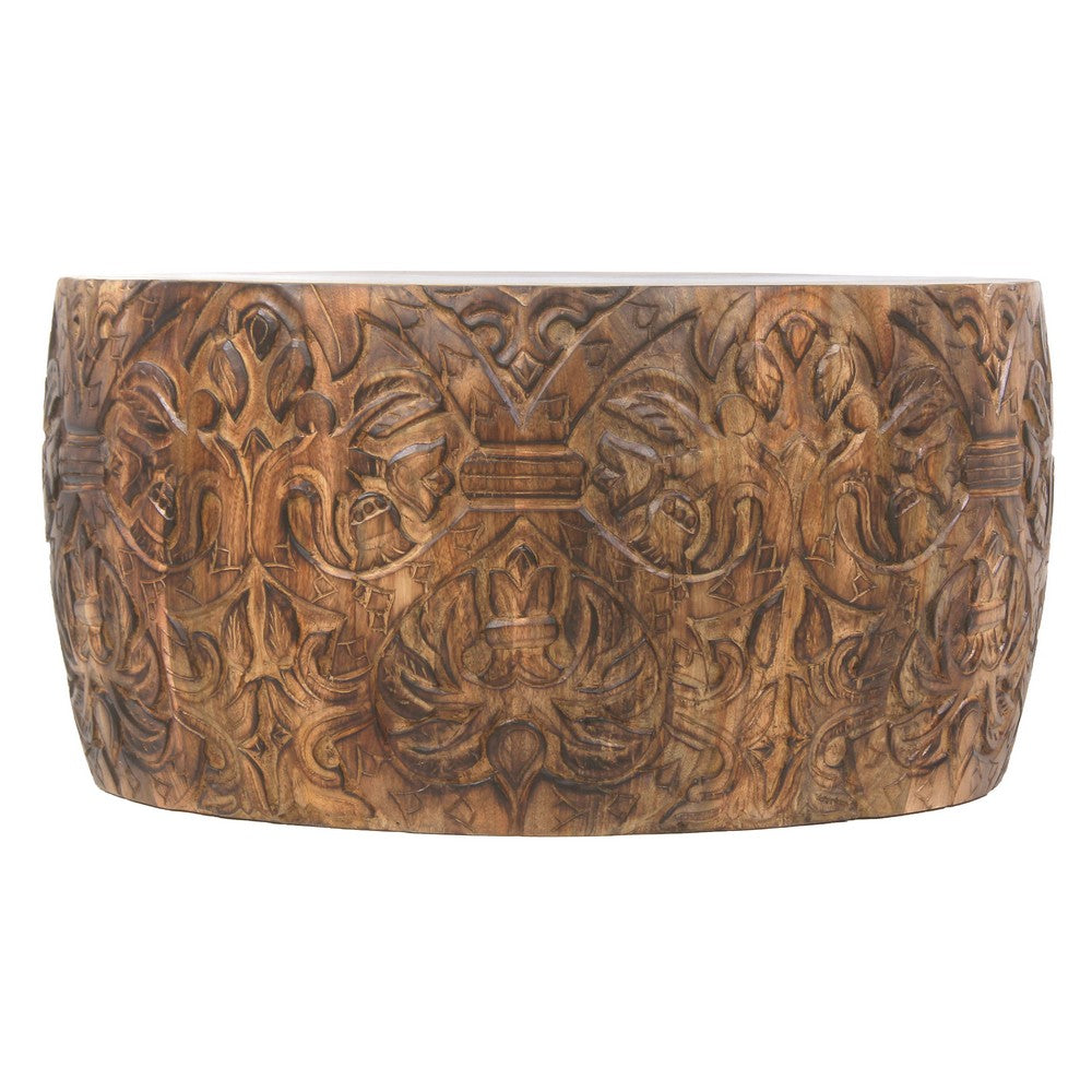 33 Inch Round Coffee Table with Damask Carved Pattern and Wooden Frame, Walnut Brown - UPT-270560 - Image 2