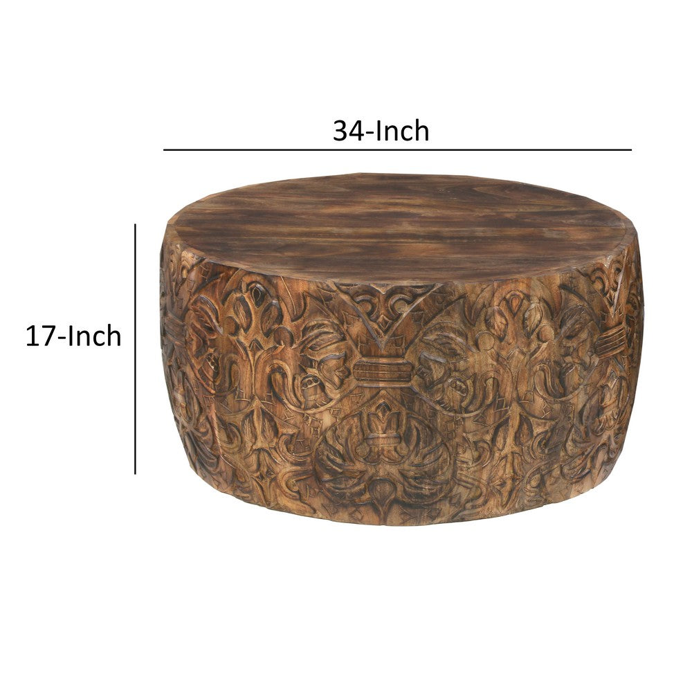 33 Inch Round Coffee Table with Damask Carved Pattern and Wooden Frame, Walnut Brown - UPT-270560 - Image 6