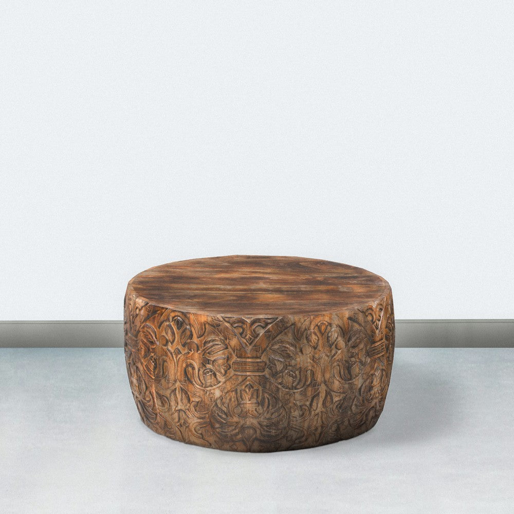 33 Inch Round Coffee Table with Damask Carved Pattern and Wooden Frame, Walnut Brown - UPT-270560 - Image 5