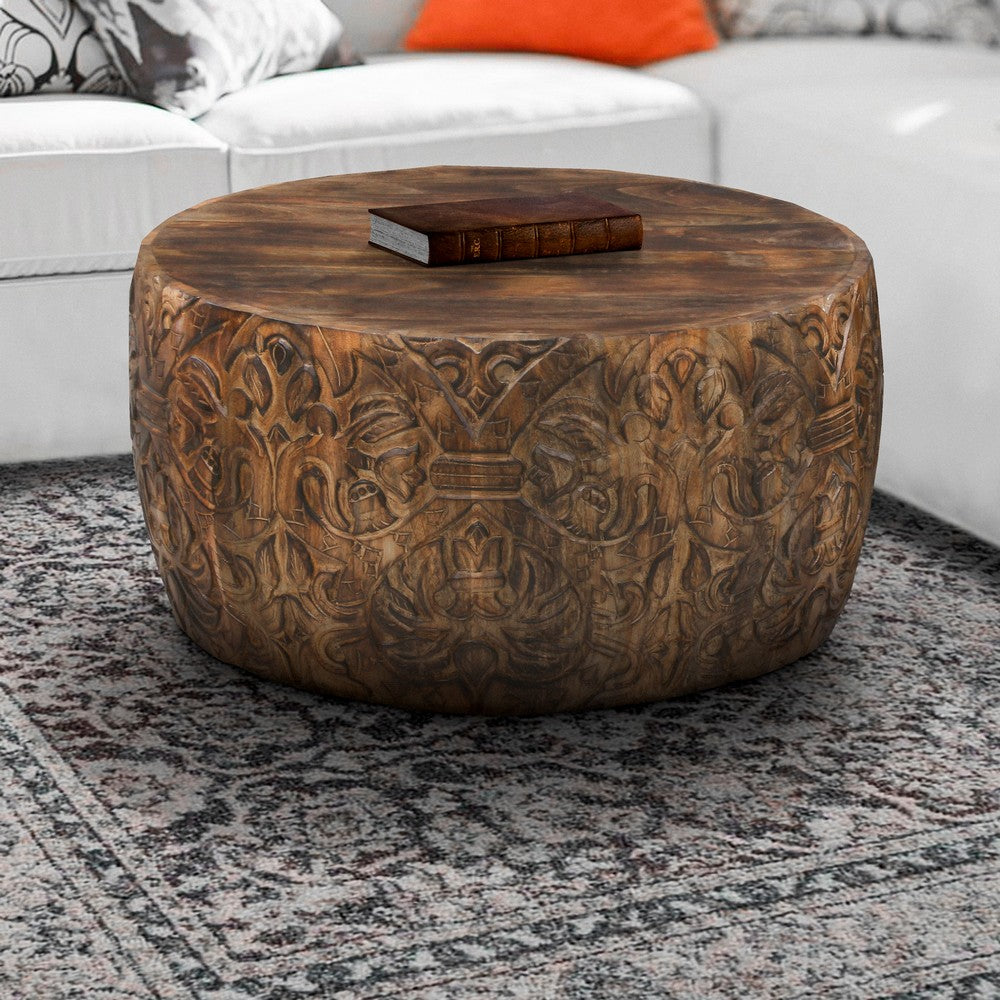33 Inch Round Coffee Table with Damask Carved Pattern and Wooden Frame, Walnut Brown - UPT-270560 - Image 4