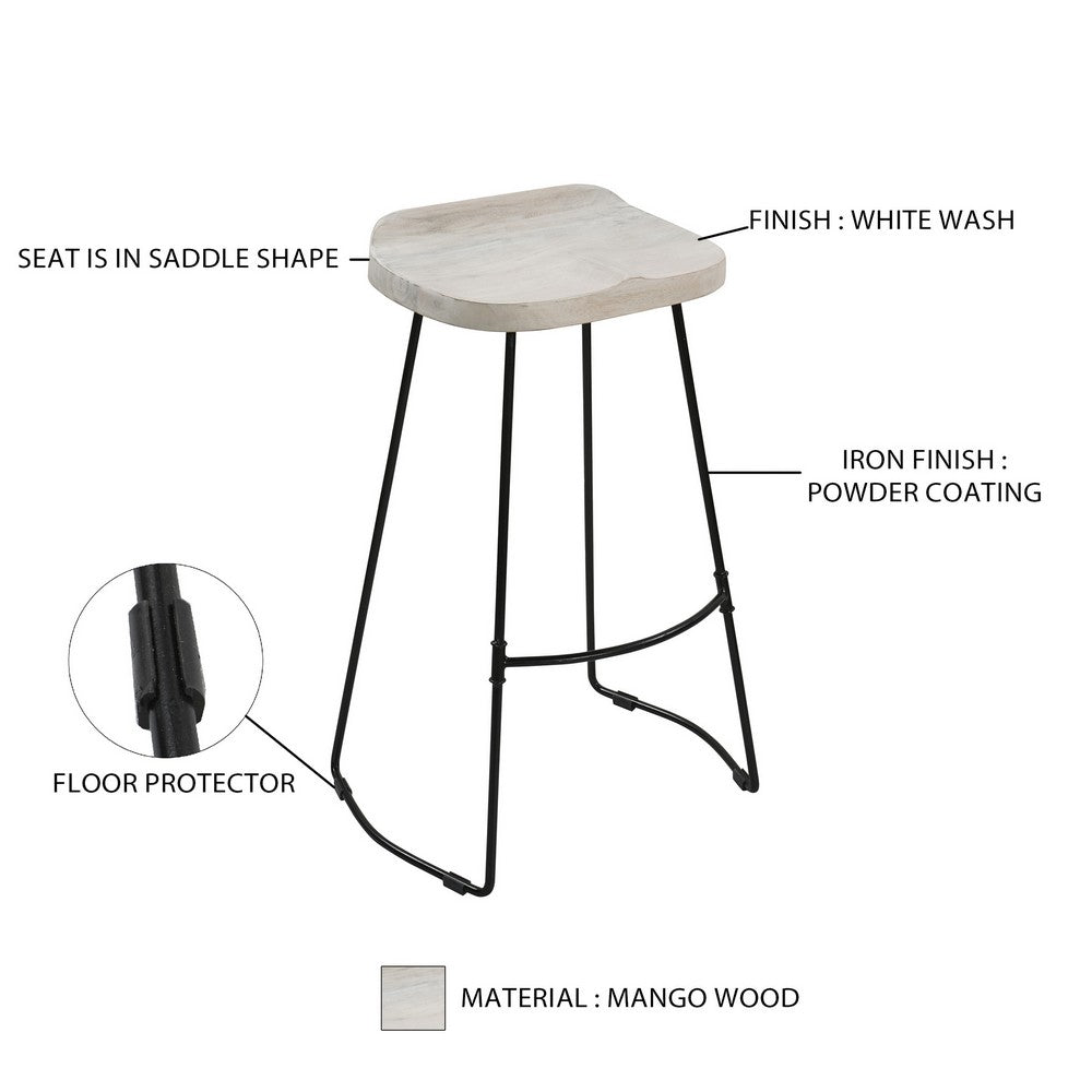 Tiva 30 Inch Handcrafted Backless Barstool, Whitewashed Mango Wood Saddle Seat, Black Metal Base - UPT-294097 - Image 3