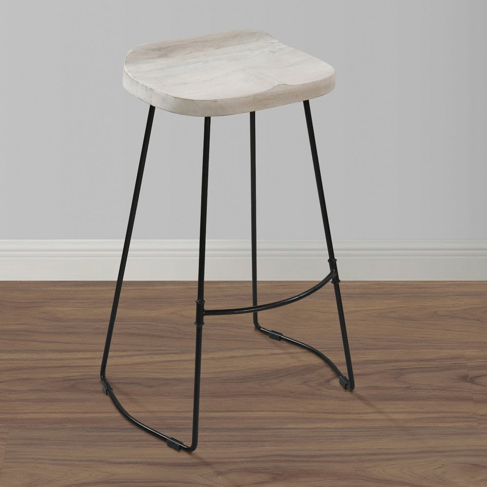 Tiva 30 Inch Handcrafted Backless Barstool, Whitewashed Mango Wood Saddle Seat, Black Metal Base - UPT-294097 - Image 2