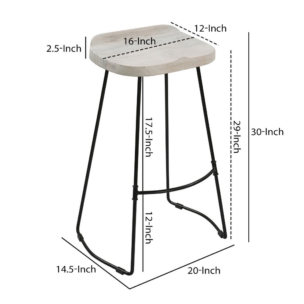 Tiva 30 Inch Handcrafted Backless Barstool, Whitewashed Mango Wood Saddle Seat, Black Metal Base - UPT-294097 - Image 6