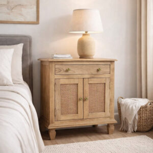 Alternative view of 30 Inch Nightstand Table, Rattan Cabinet Doors and Drawer Fronts, Sandblasted Brown Mango Wood - UPT-301721